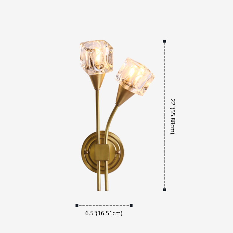 2-Light Gold Wall Lamp in Modern Luxury Style Copper Wall Sconce with Crystal Shade