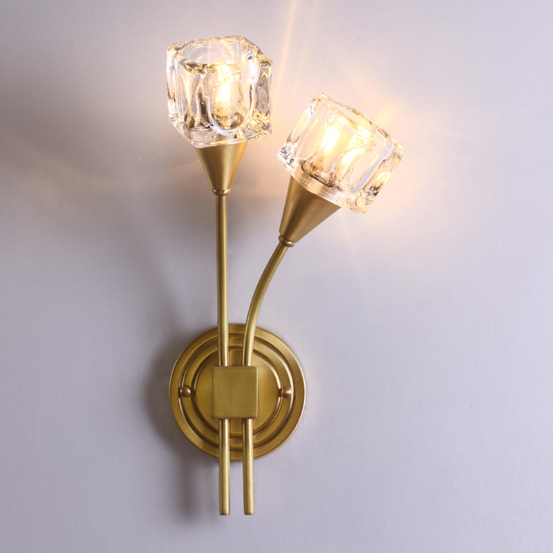 2-Light Gold Wall Lamp in Modern Luxury Style Copper Wall Sconce with Crystal Shade