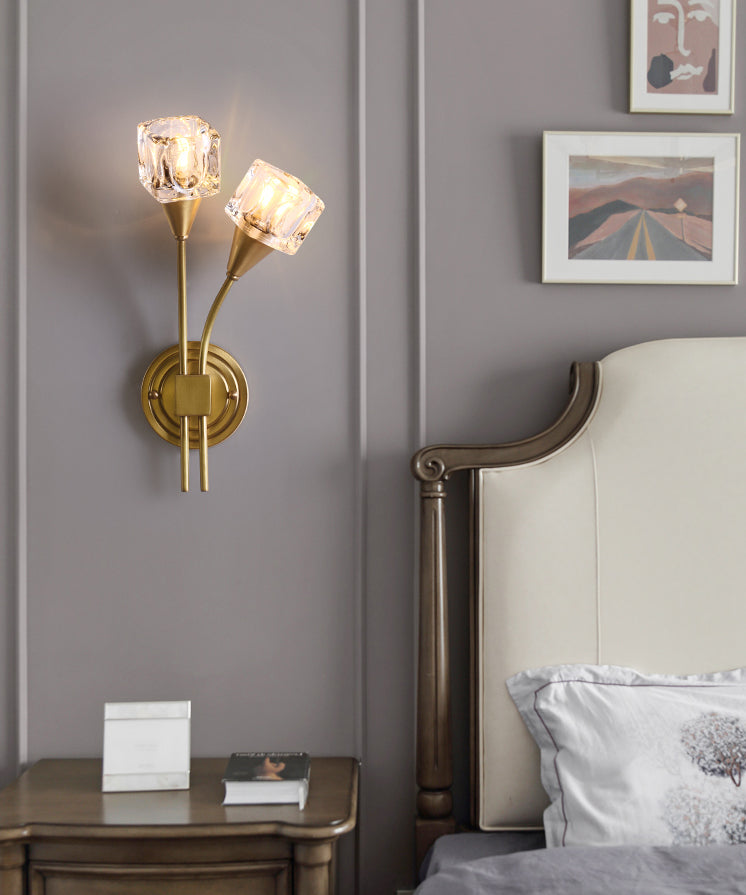 2-Light Gold Wall Lamp in Modern Luxury Style Copper Wall Sconce with Crystal Shade