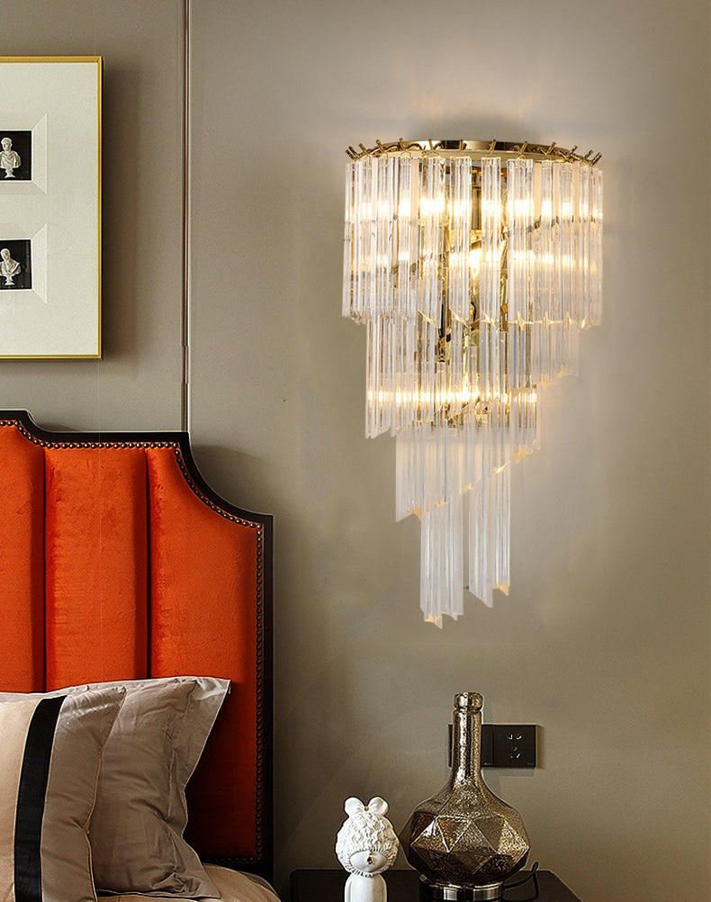 Gold Stagger Wall Sconce in Modern Luxury Style Wrought Iron 4-Light Wall Lamp with Crystal Shade