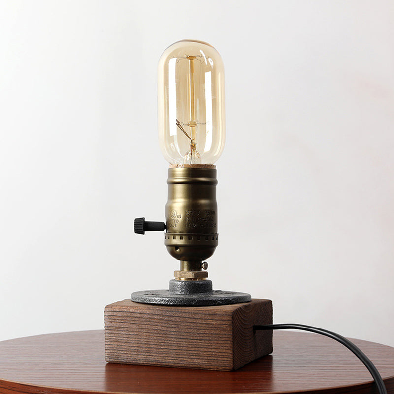1-leichte Notfall-Messing-Tischlampe Industrial Shadeless Metal Night Lampe mit Holzbasis