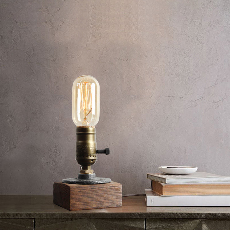 1-leichte Notfall-Messing-Tischlampe Industrial Shadeless Metal Night Lampe mit Holzbasis