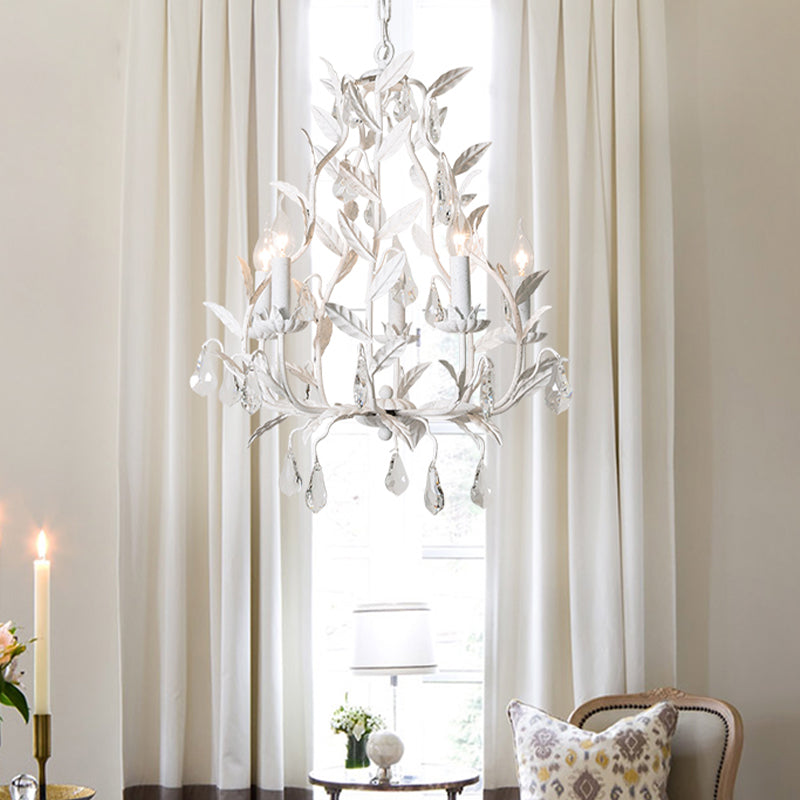 Metal Leaf Chandelier Lamp Modernism 5 Bulbs Grey/Distressed White Suspended Lighting Fixture with Crystal Drop