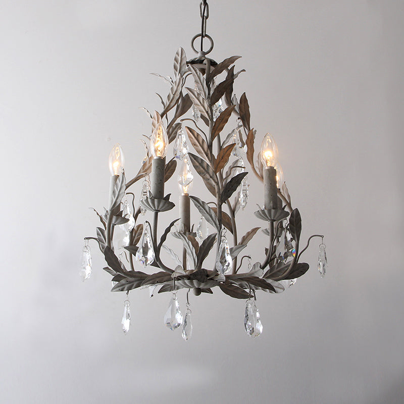 Metal Leaf Chandelier Lamp Modernism 5 Bulbs Grey/Distressed White Suspended Lighting Fixture with Crystal Drop