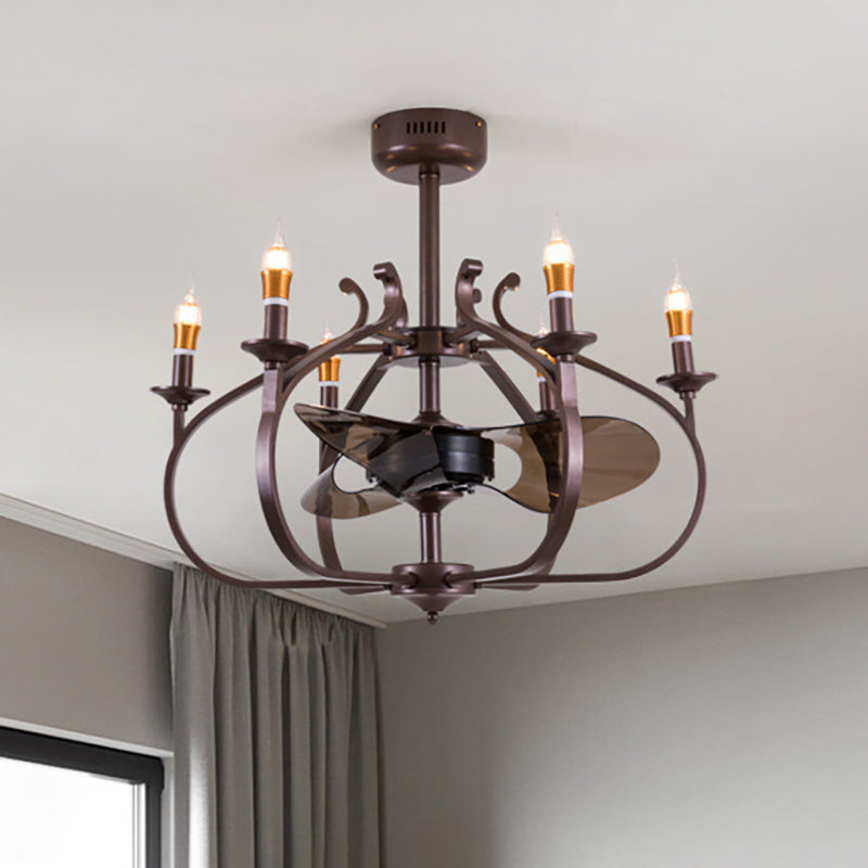 Coffee Caged Chandelier Pendant Light Vintage Style 6 Lights Metal Ceiling Lamp with Candle Design for Dining Room