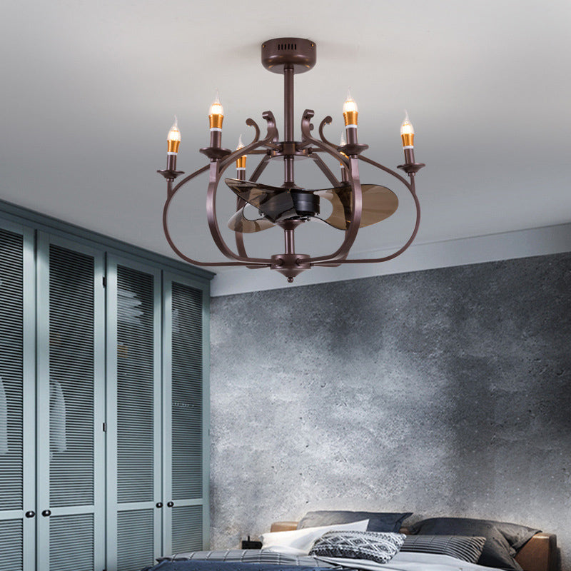Coffee Caged Chandelier Pendant Light Vintage Style 6 Lights Metal Ceiling Lamp with Candle Design for Dining Room