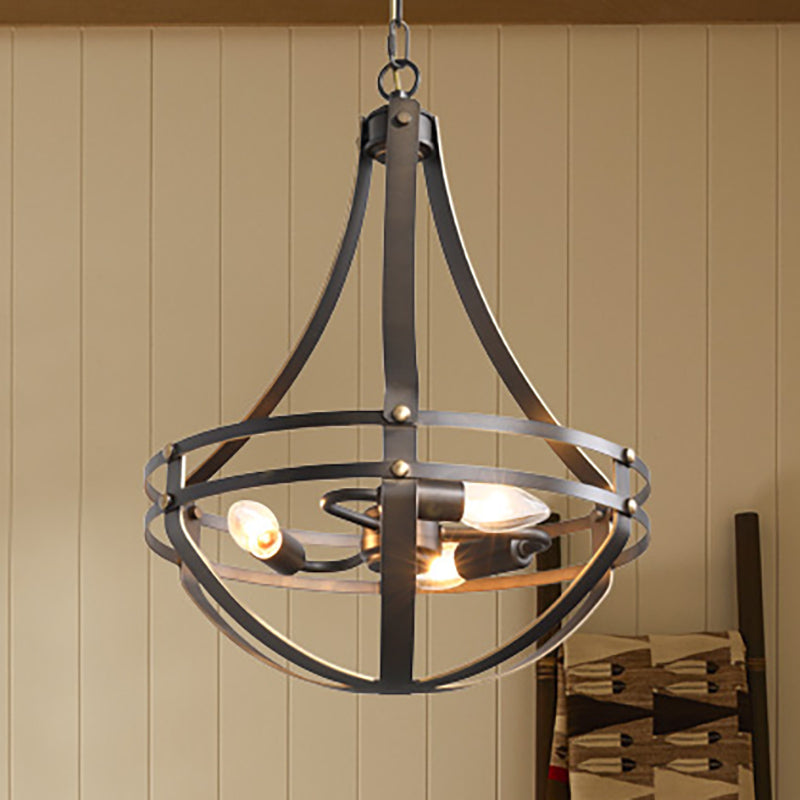 3 Heads Foyer Hanging Chandelier Light Vintage Style Black Pendant Lamp with Bowl Cage Metallic Shade