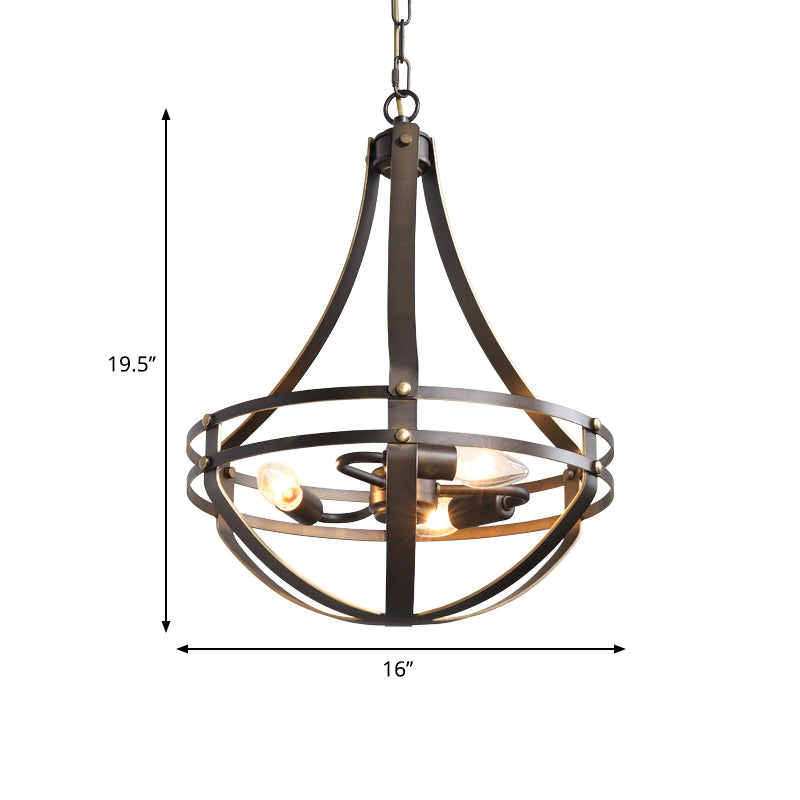 3 Heads Foyer Hanging Chandelier Light Vintage Style Black Pendant Lamp with Bowl Cage Metallic Shade