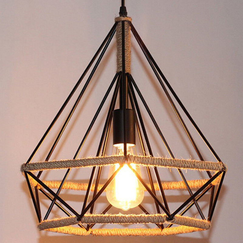 Rope Diamond Pendant Lighting Fixture Vintage Style Restaurant Hanging Pendant Light in Black