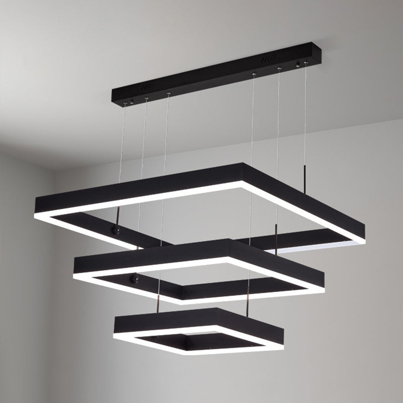Luce a sospensione nera metallica quadrata al soffitto a led contemporanea per soggiorno