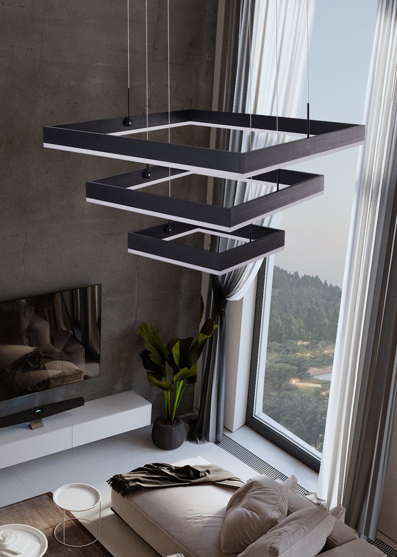 Luce a sospensione nera metallica quadrata al soffitto a led contemporanea per soggiorno