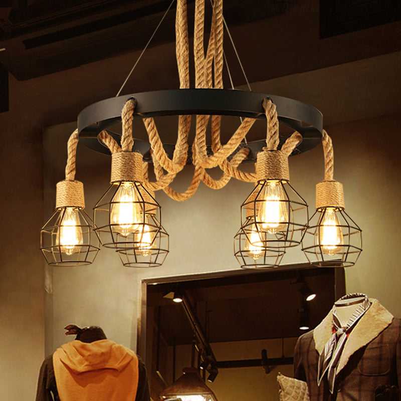 Candelier de alambre de metal Luz de colgante Estilo rústico Beige Rope Hanging Chandelier Light