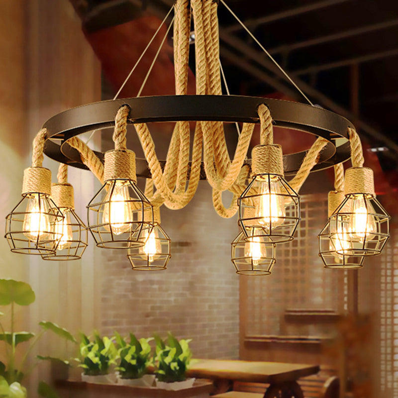 Candelier de alambre de metal Luz de colgante Estilo rústico Beige Rope Hanging Chandelier Light
