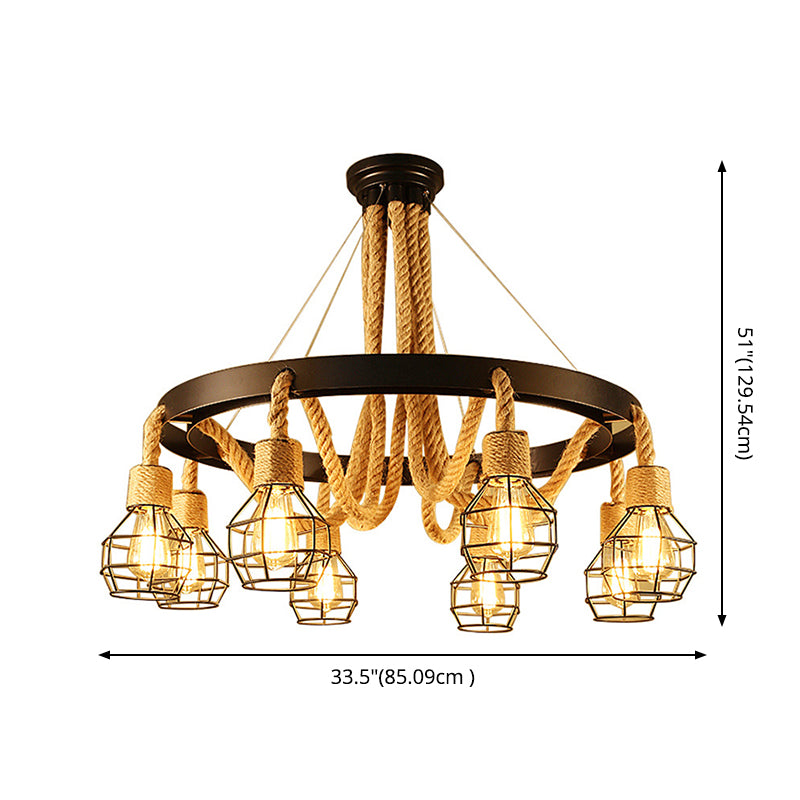 Candelier de alambre de metal Luz de colgante Estilo rústico Beige Rope Hanging Chandelier Light
