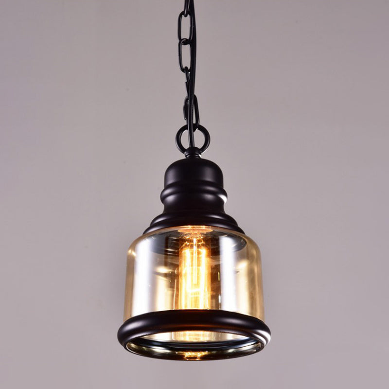 Black Single Pendant Light in Industrial Vintage Style Wrought Iron Hanging Lamp with Glass Shade