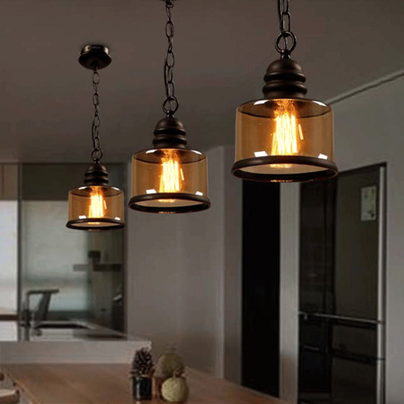Black Single Pendant Light in Industrial Vintage Style Wrought Iron Hanging Lamp with Glass Shade