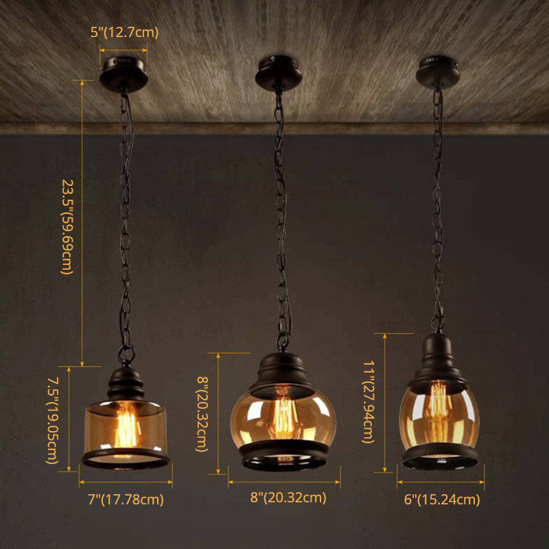 Luz de colgante simple negro en lámpara colgante de hierro forjado de estilo vintage industrial con sombra de vidrio