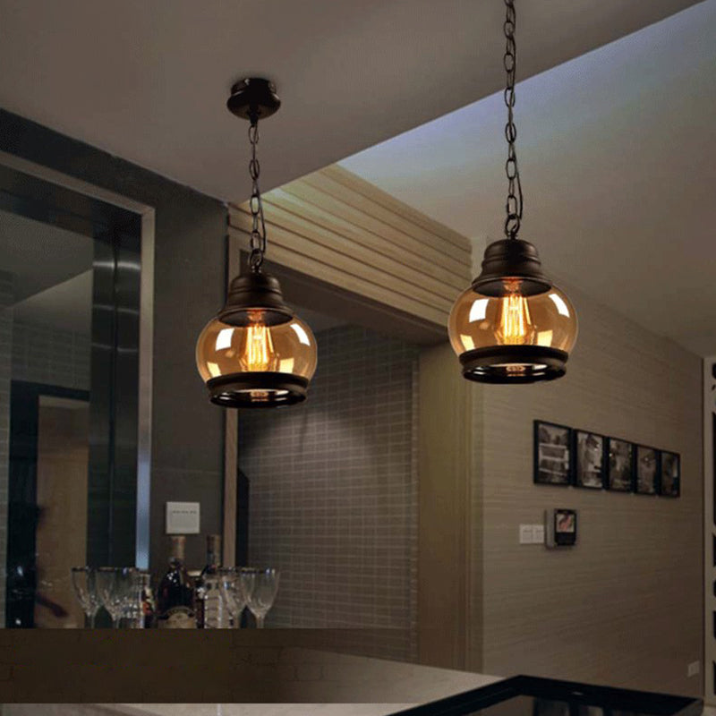Luz de colgante simple negro en lámpara colgante de hierro forjado de estilo vintage industrial con sombra de vidrio