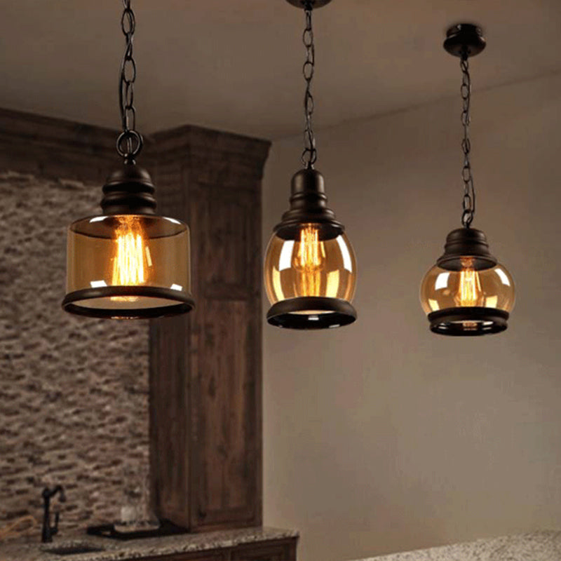 Luz de colgante simple negro en lámpara colgante de hierro forjado de estilo vintage industrial con sombra de vidrio