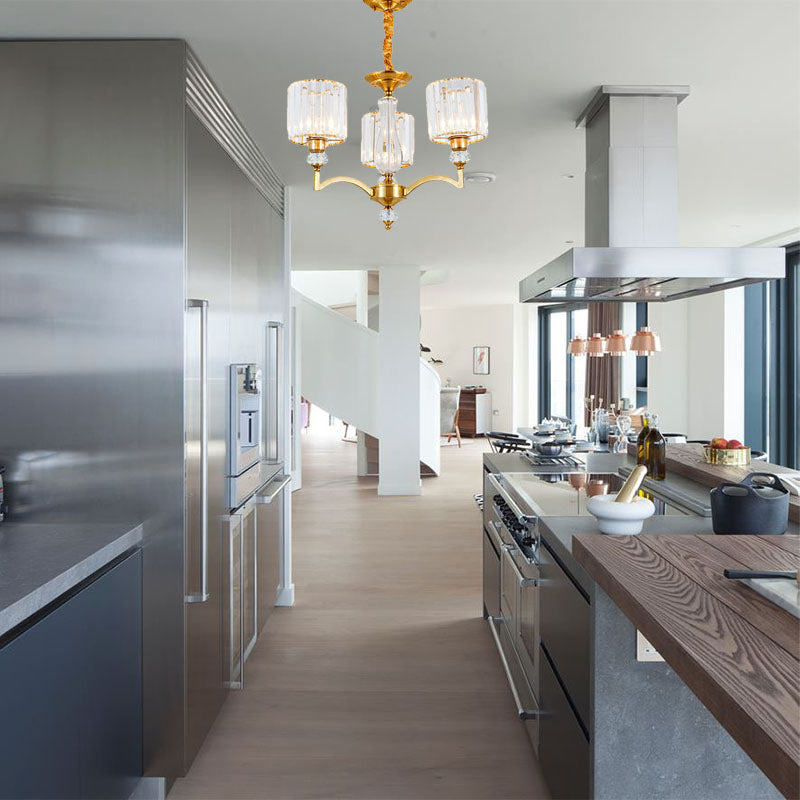 Cilinderhangende kroonluchter eigentijds gefacetteerd kristal 3/6/8 bollen messing plafondhanger licht, 23,5 "/27" /33.5 "breed