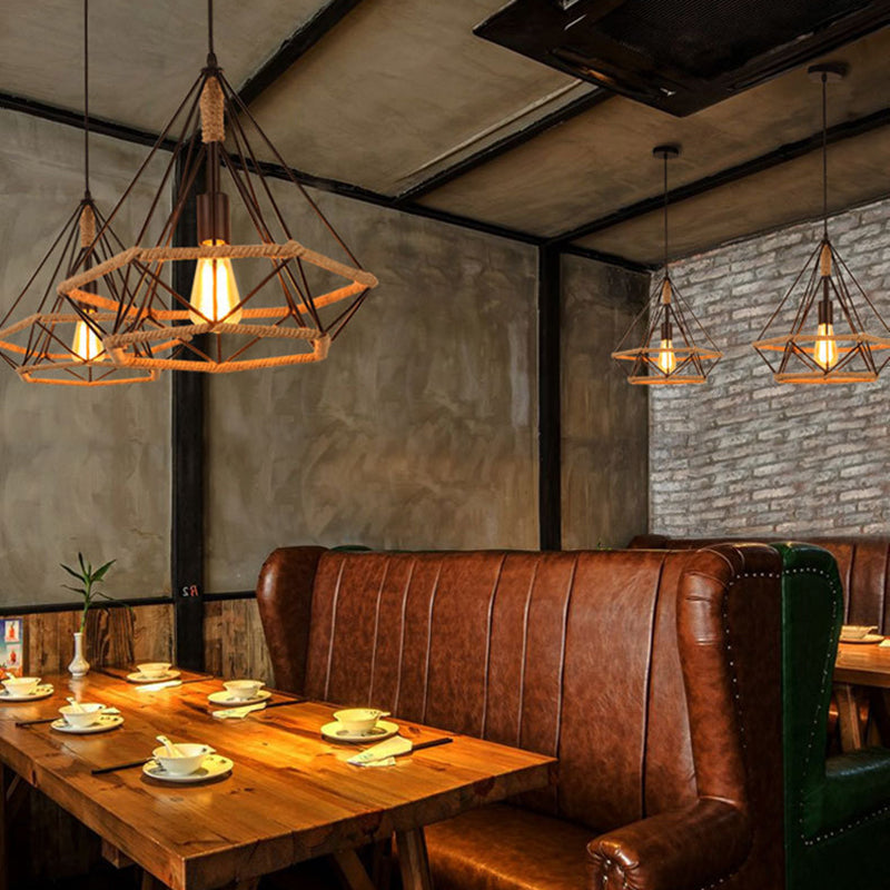 Diamond Cage Rope Ceiling Pendant Light Vintage Style Restaurant Pendant Ceiling Light in Beige