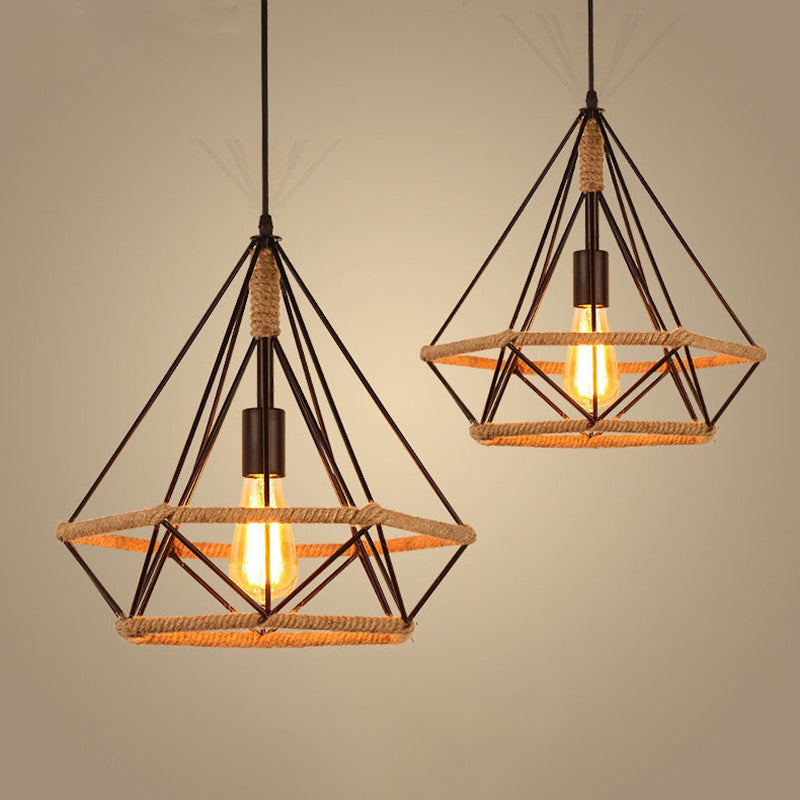 Diamond Cage Rope Ceiling Pendant Light Vintage Style Restaurant Pendant Ceiling Light in Beige