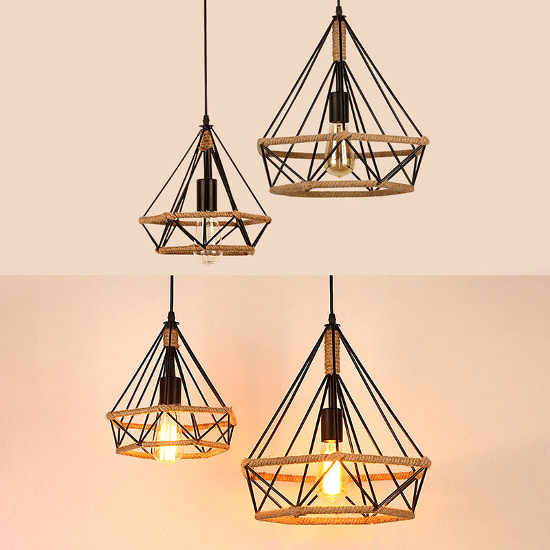 Diamond Cage Rope Ceiling Pendant Light Vintage Style Restaurant Pendant Ceiling Light in Beige