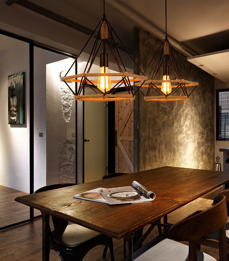 Diamond Cage Rope Ceiling Pendant Light Vintage Style Restaurant Pendant Ceiling Light in Beige