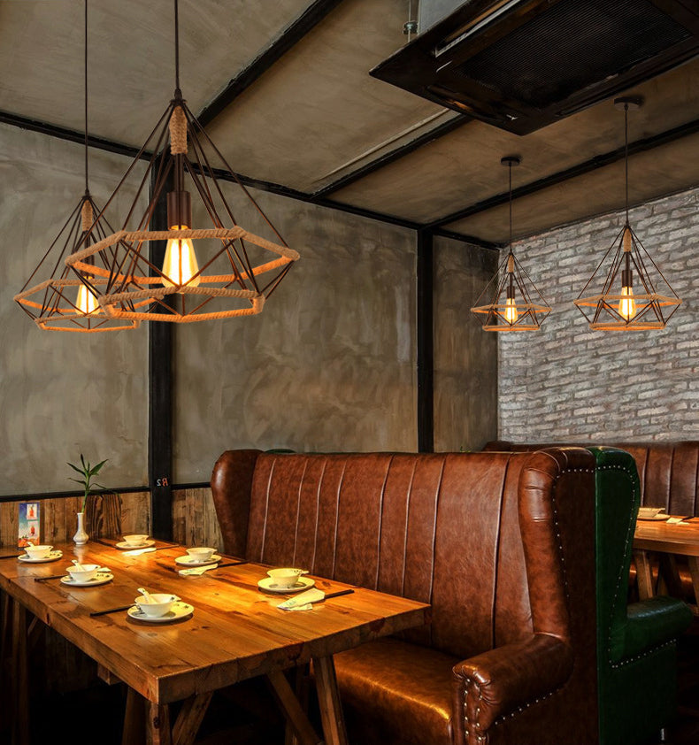Diamond Cage Rope Ceiling Pendant Light Vintage Style Restaurant Pendant Ceiling Light in Beige