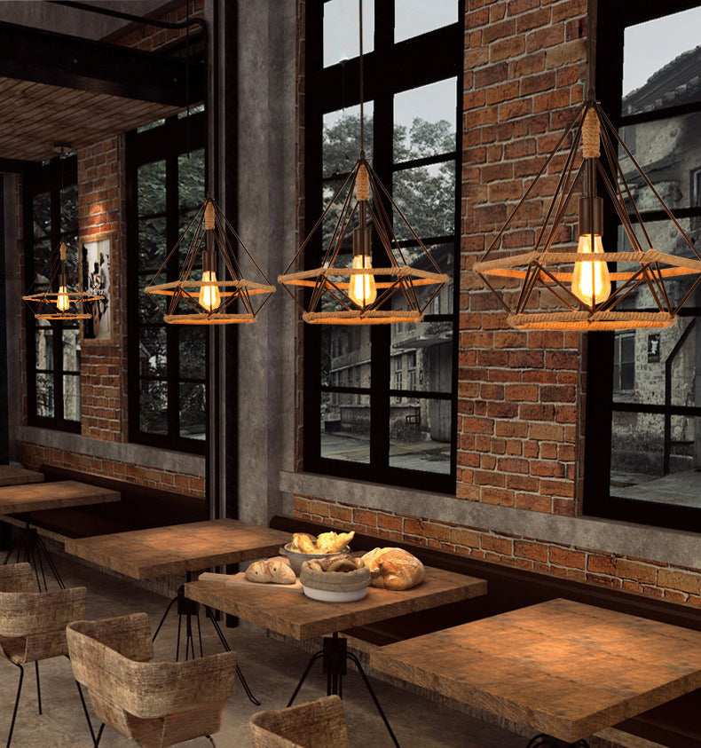 Diamond Cage Rope Ceiling Pendant Light Vintage Style Restaurant Pendant Ceiling Light in Beige