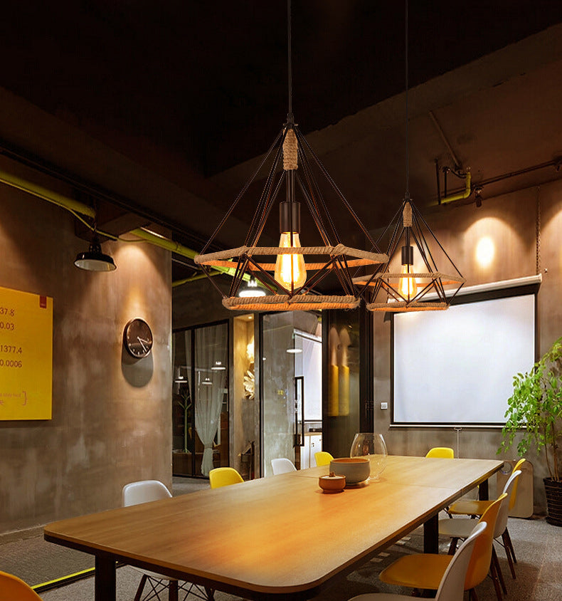 Diamond Cage Rope Ceiling Pendant Light Vintage Style Restaurant Pendant Ceiling Light in Beige