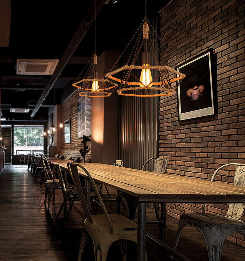 Diamond Cage Rope Ceiling Pendant Light Vintage Style Restaurant Pendant Ceiling Light in Beige