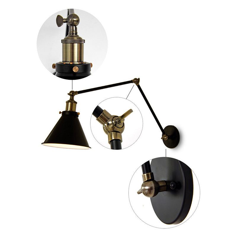 Black Cone Wall Sconce in Industrial Retro Style Wrought Iron Wall Lamp for Interior Spaces