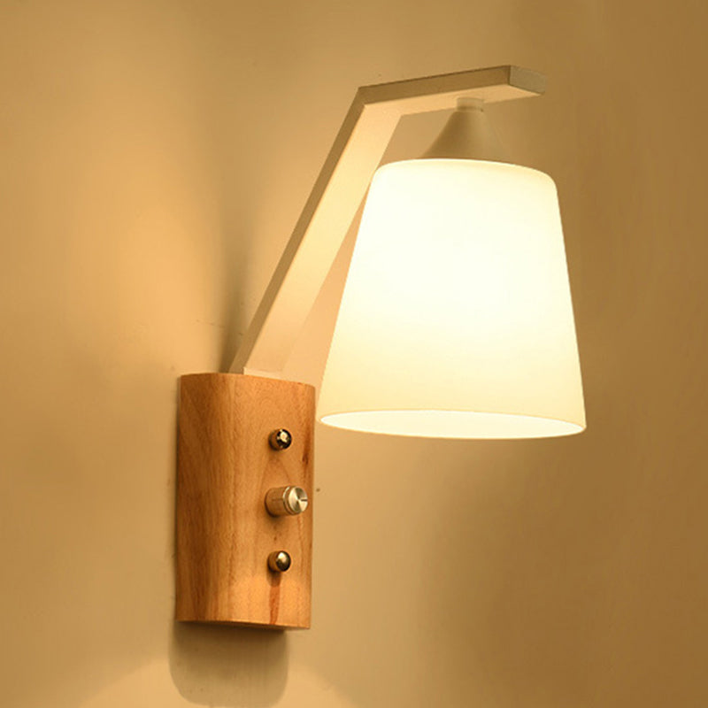Wooden Cone Wall Lamp in Modern Concise Style Wrought Iron Wall Sconce with White Glass Shade