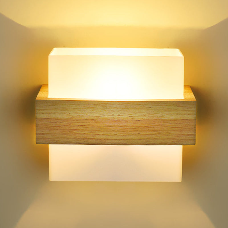 Log Color Rectangular Wall Lamp in Modern Simplicity Wooden Indoor Wall Light with Glass Shade