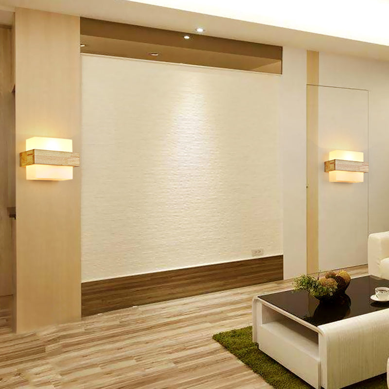 Log Color Rectangular Wall Lamp in Modern Simplicity Wooden Indoor Wall Light with Glass Shade