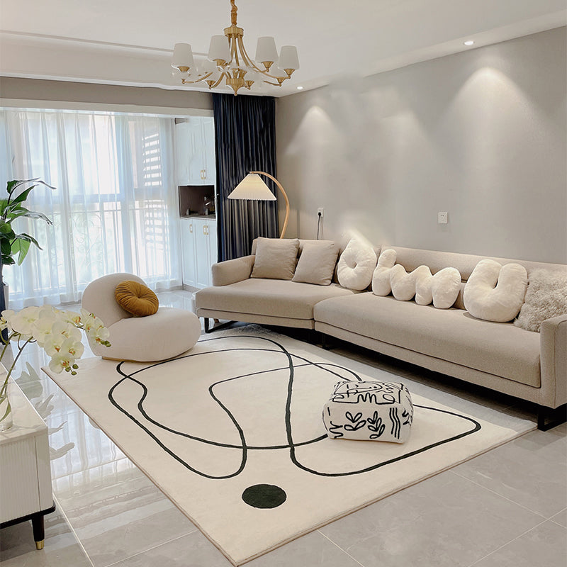 White Tone Modern Indoor Rug Polyester Abstract Lines Carpet Stain Resistant Rug for Home Decoration