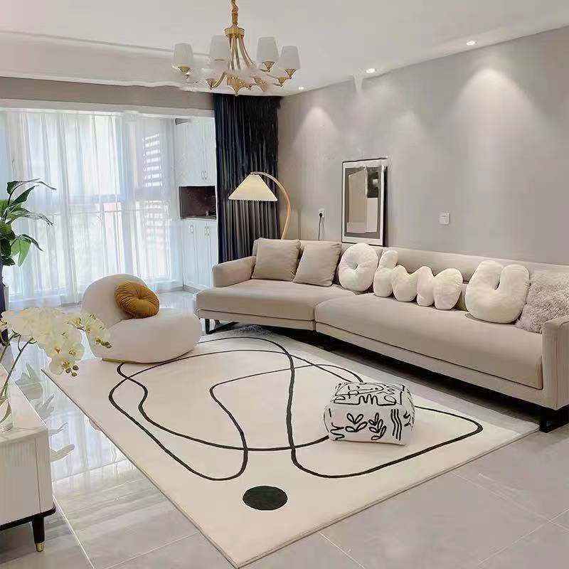 White Tone Simple Indoor Rug Polyester Abstract Lines Carpet Non-Slip Backing Rug for Home Decor