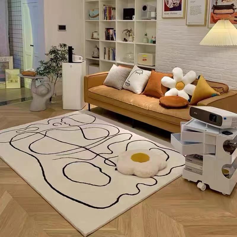 White Tone Simple Indoor Rug Polyester Abstract Lines Carpet Non-Slip Backing Rug for Home Decor
