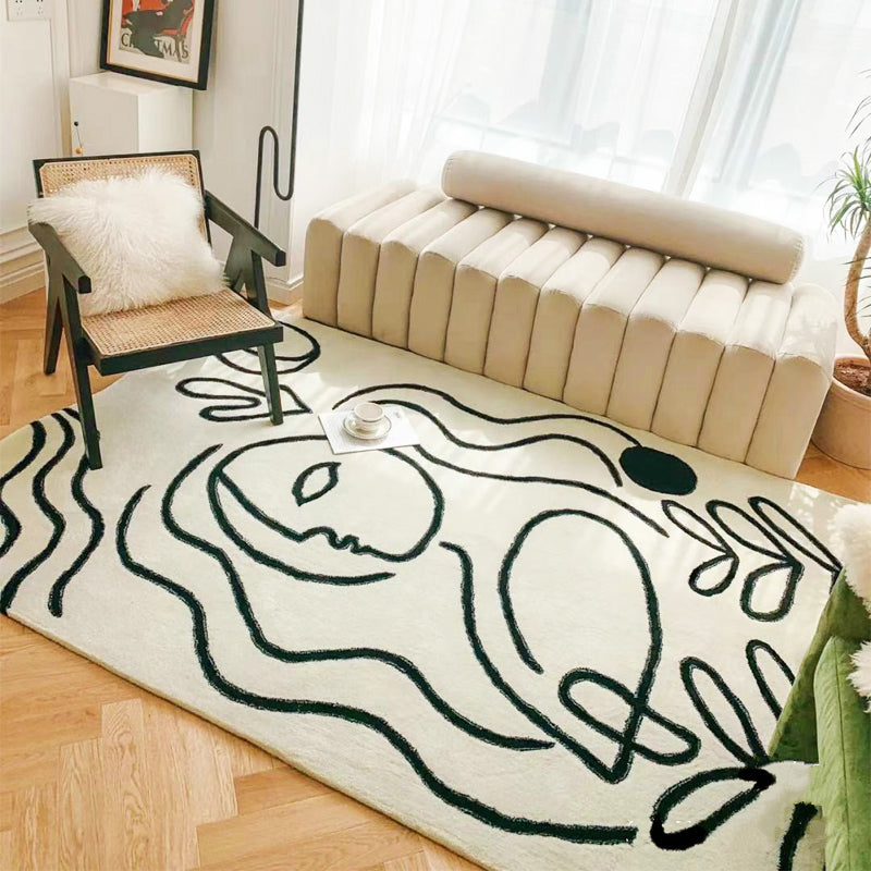 White Tone Simple Indoor Rug Polyester Abstract Lines Carpet Non-Slip Backing Rug for Home Decor