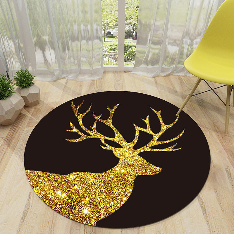 Round Black Tone Bedroom Carpet Bionic Animals Printed Area Rug Polyester with Stain Resistant Rug