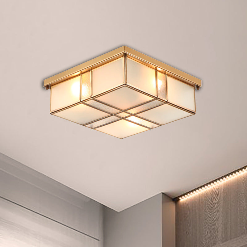 2/4 Lights Frosted Glass Flush Mount Lighting Fixture Vintage Brass Square Bedroom Close to Ceiling Light
