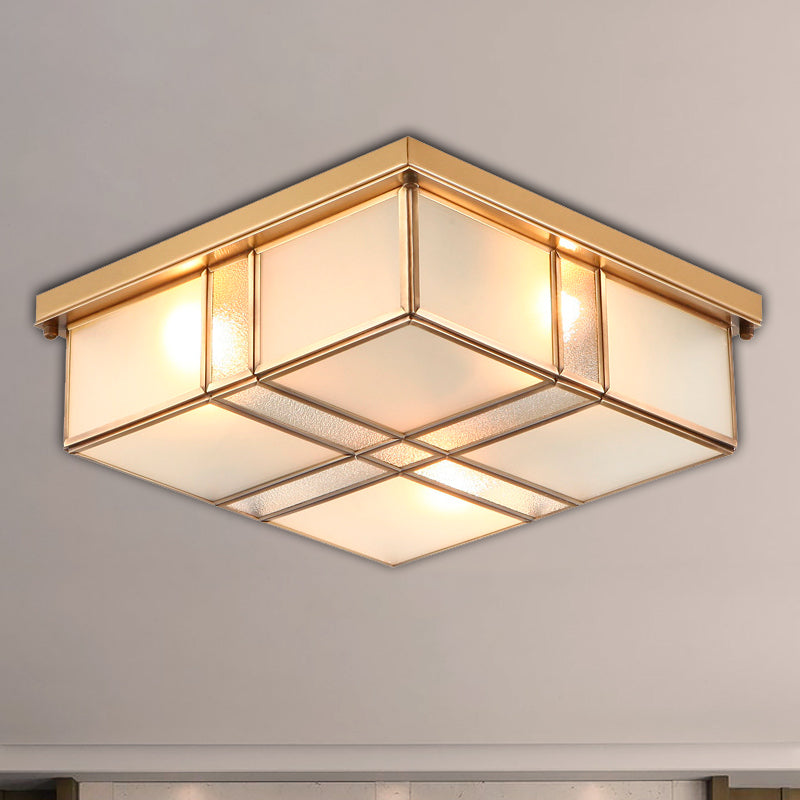 2/4 Lights Frosted Glass Flush Mount Lighting Fixture Vintage Brass Square Bedroom Close to Ceiling Light