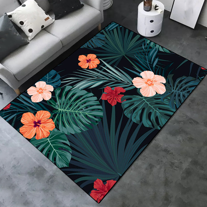 Green Tone Modern Indoor Rug Polyester Leaves Print Carpet Non-Slip Backing Rug for Home Decoration