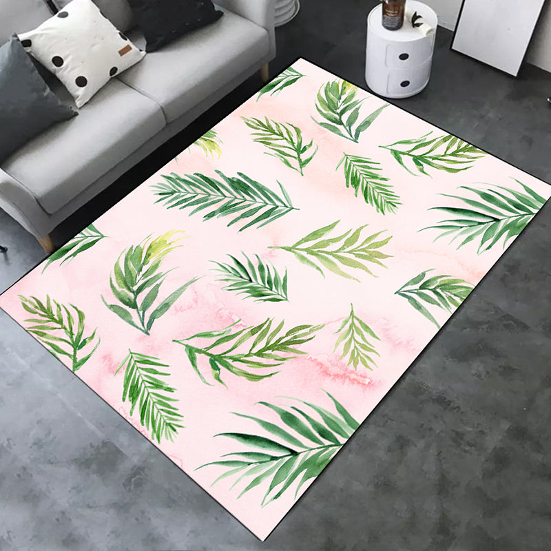 Green Tone Modern Indoor Rug Polyester Leaves Print Carpet Non-Slip Backing Rug for Home Decoration