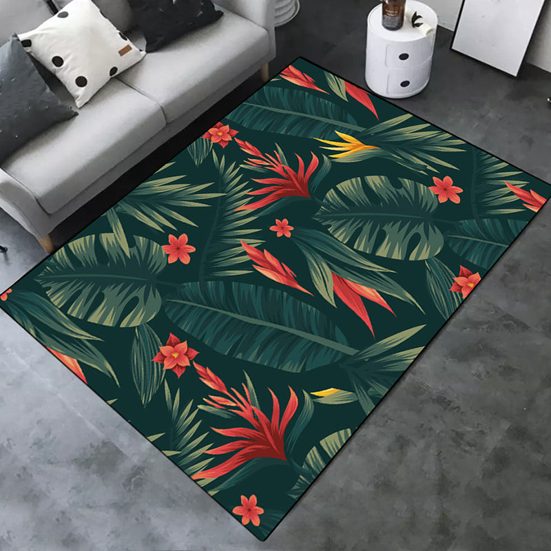 Green Tone Modern Indoor Rug Polyester Leaves Print Carpet Non-Slip Backing Rug for Home Decoration