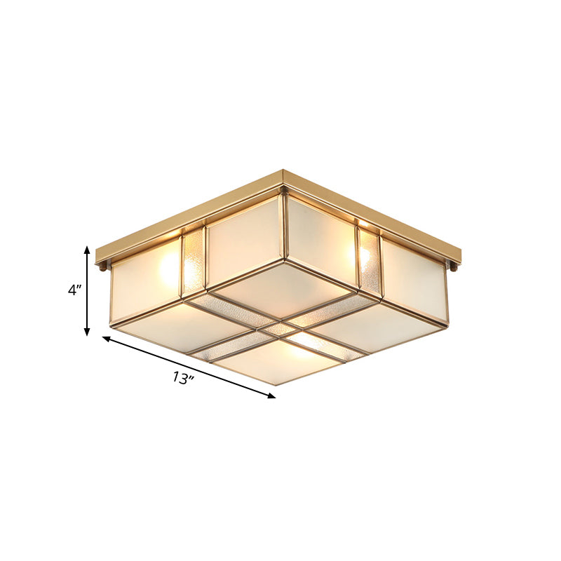 2/4 Lights Frosted Glass Flush Mount Lighting Fixture Vintage Brass Square Bedroom Close to Ceiling Light