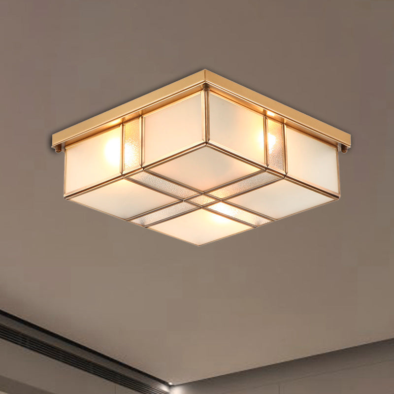 2/4 Lights Frosted Glass Flush Mount Lighting Fixture Vintage Brass Square Bedroom Close to Ceiling Light