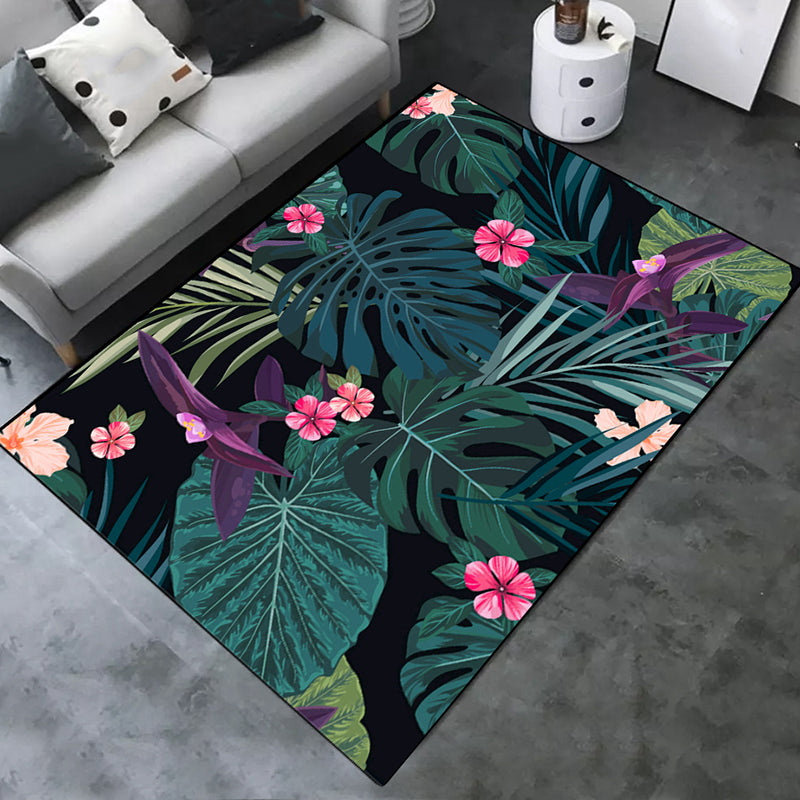 Black Tone Nordic Indoor Rug Polyester Plants Print Carpet Non-Slip Backing Rug for Home Decoration