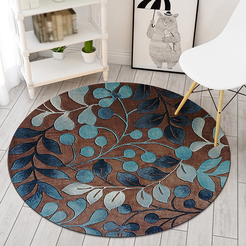 Round Solid Color Simplicity Indoor Rug Polyester Plant Print Rug Easy Care Indoor Rug for LBedroom